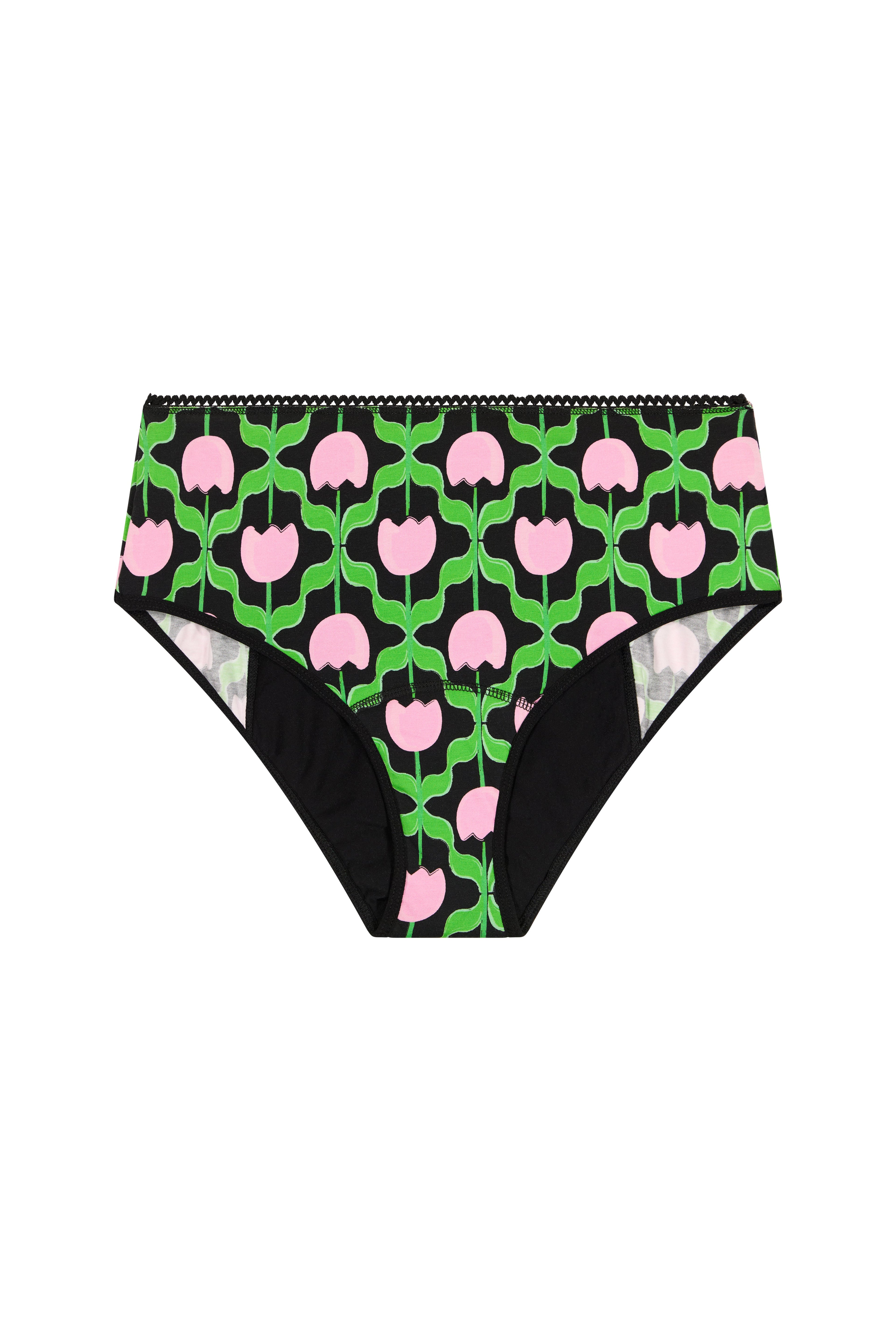Culotte menstruelle Taille Haute GOTS - Flux nuit | Tulipes Noir