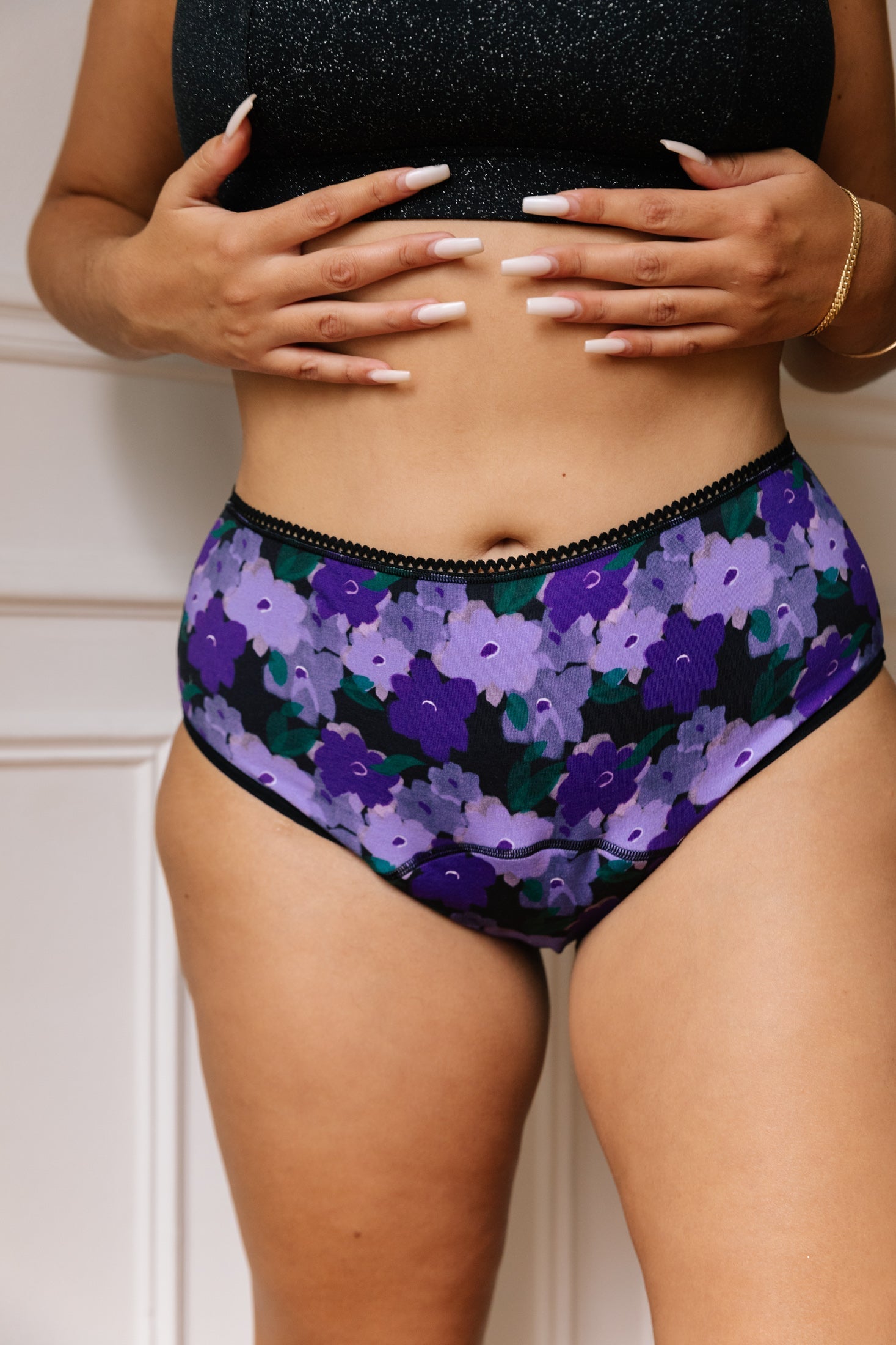 Culotte menstruelle Taille Haute GOTS - Flux abondant | Fleurs Violettes